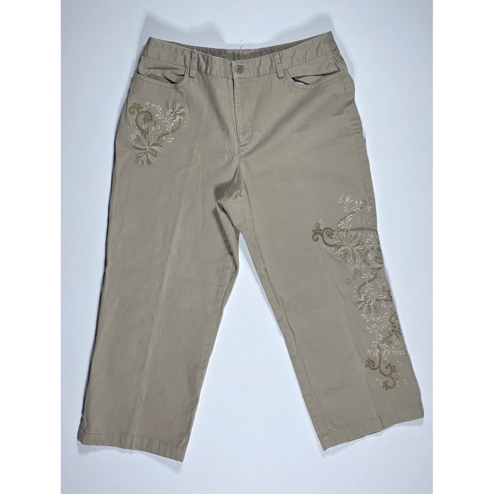 Rafaella Petites Khaki Tan Embroidered Cropped Pants Size 10P Floral Capris